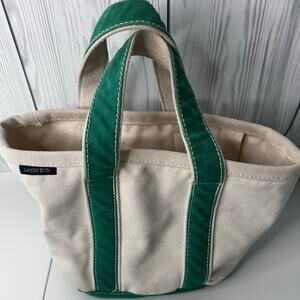 Lands’ End Mini Cream Green Boat Tote Bag With Key Holder Open Top 12”x6”x9”